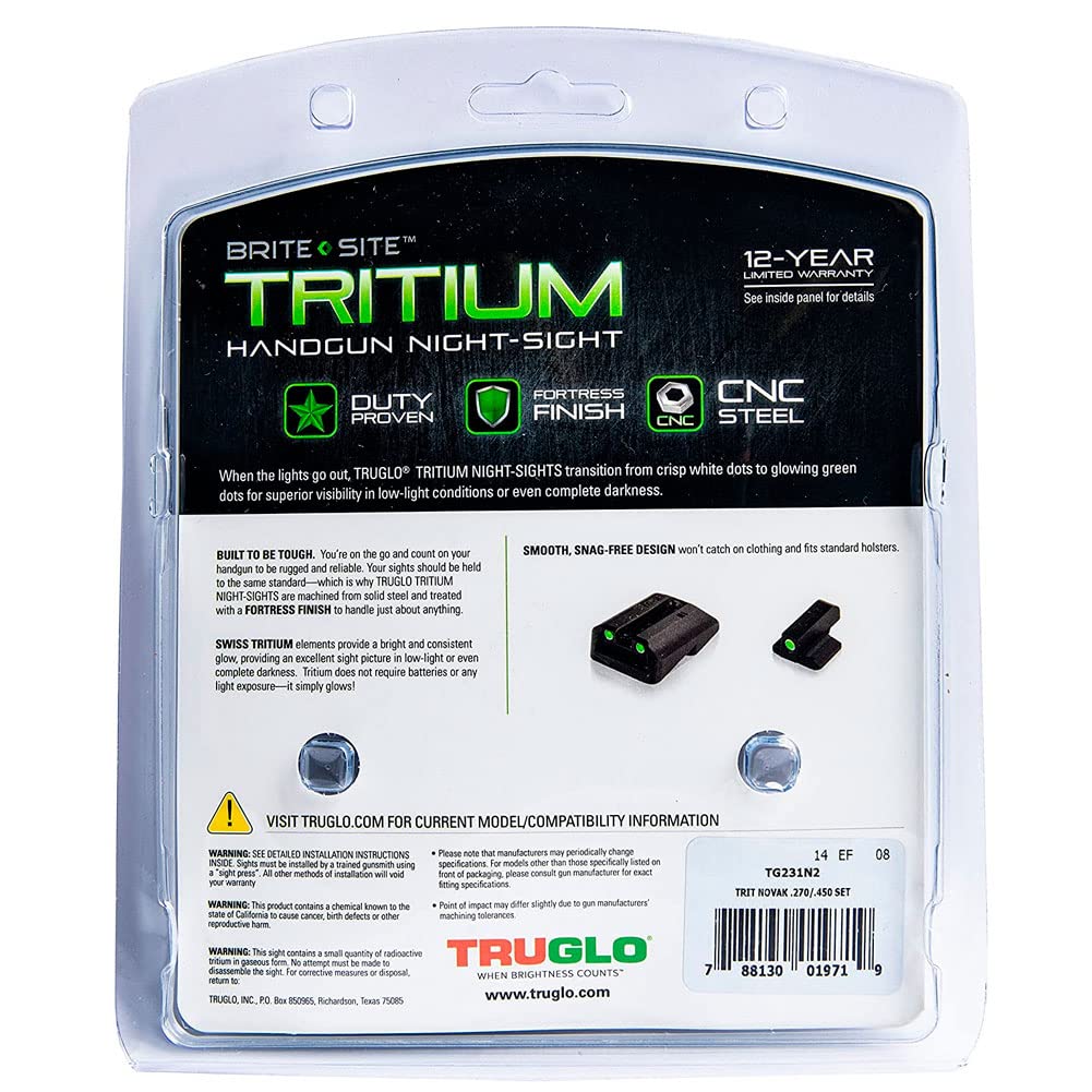 Glow-in-the-Dark Tritium Handgun Night Sights for 1911 Pistols, 270 Front / 450 Rear