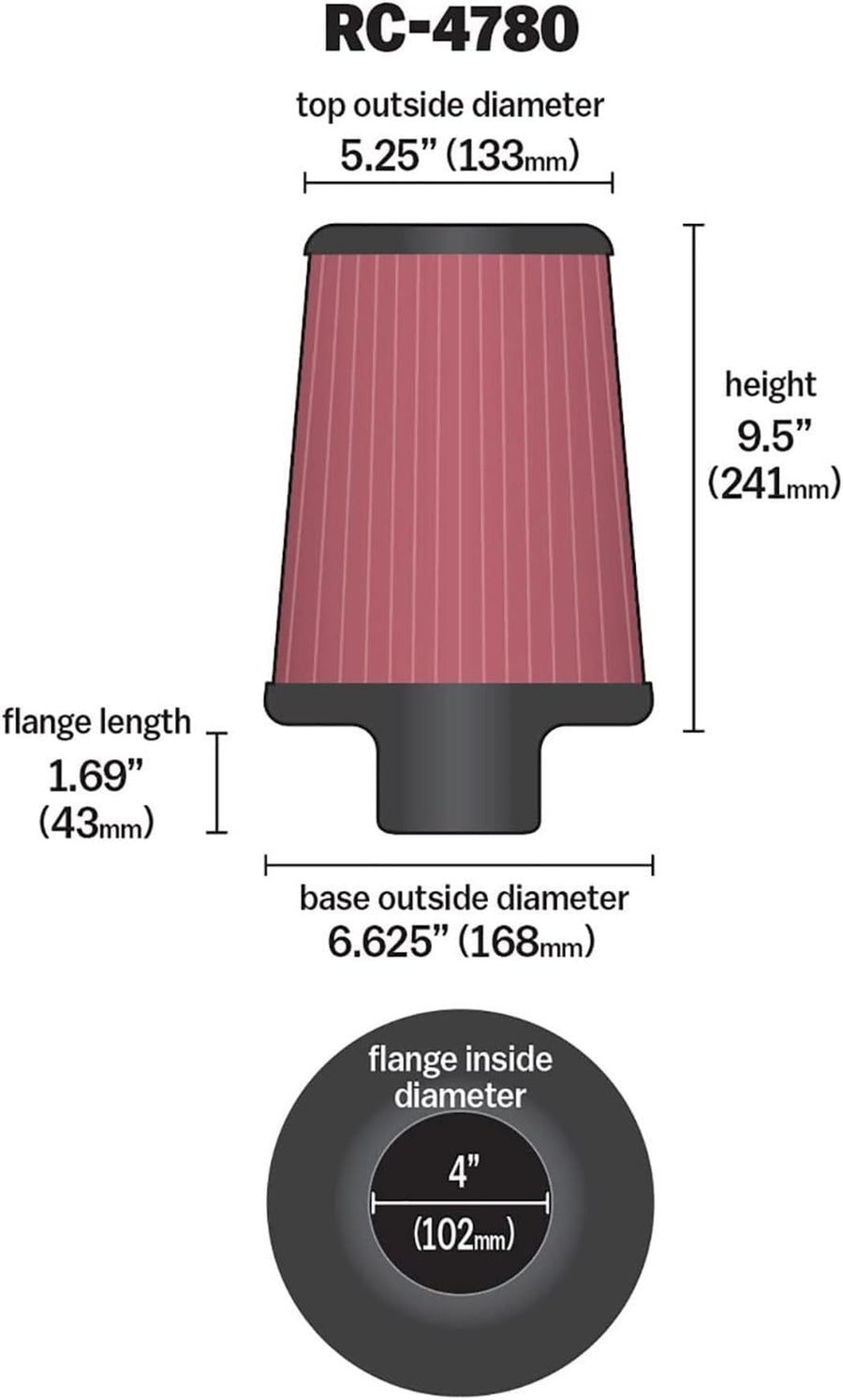 K&N Original High-Flow Lifetime Universal Clamp-On Air Filter: Performance, Premium, Washable: Flange Diameter: 4 In, Filter Height: 9.5 In, Flange Length: 1.6875 In, Shape: Round Tapered, RC-4780