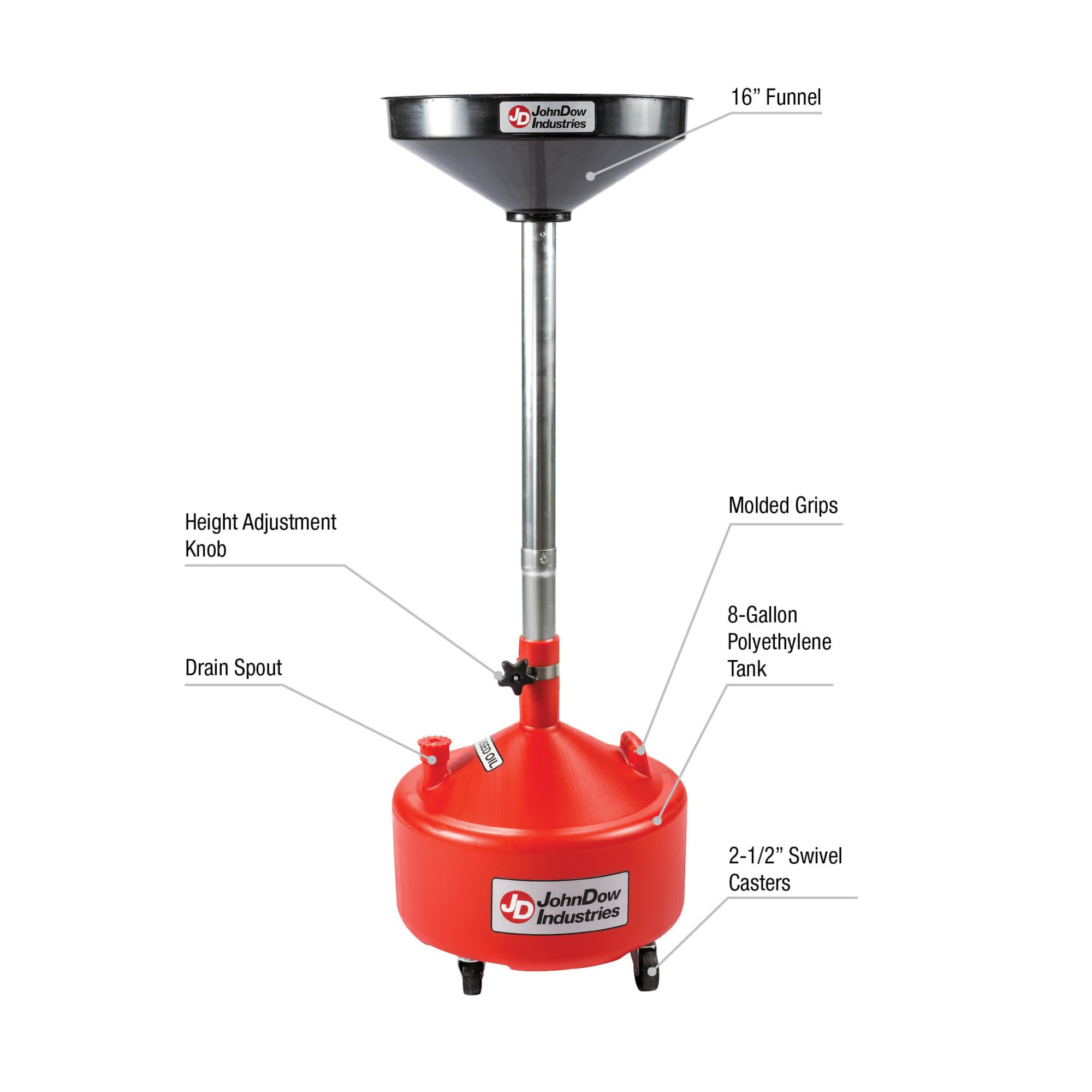JDI-8DCP JohnDow Industries 8 Gallon Poly Portable Economy Oil Lift Drain for Changing Oil, Adjustable Height 48 in. to 67 in, with Wheels for Easy maneuverability Around The Shop.
