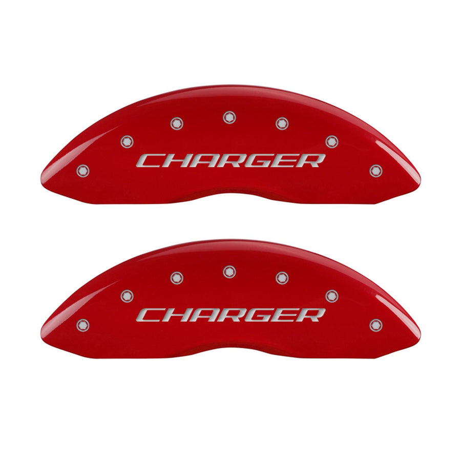 Caliper Covers MGP 12088SCHRRD (Red Powder Coat Finish, Engraved Front: Charger - Engraved Rear: RT, Silver Characters, Set of 4)