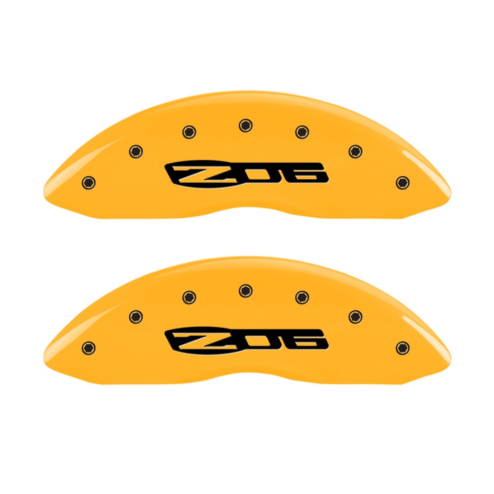 MGP 13083SCZ6YL Caliper Covers Yellow (Set of 4, Engraved Front: C6/Corvette - Engraved Rear: C6/Z06, Yellow powder coat finish, black characters)