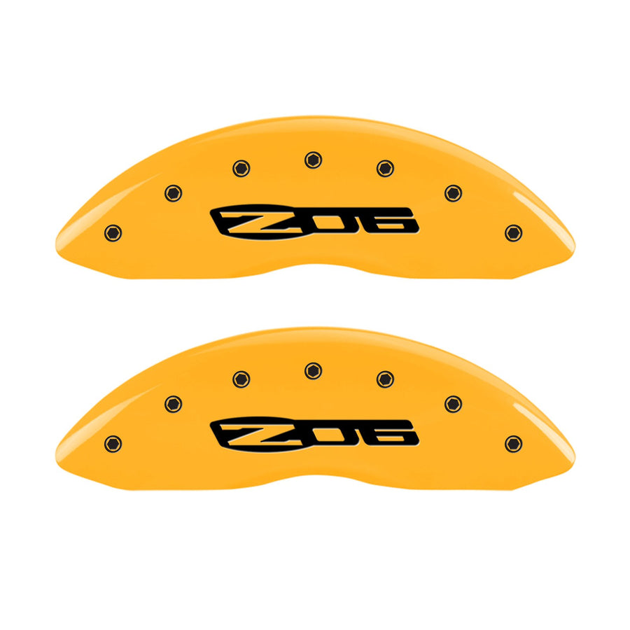 MGP 13083SCZ6YL Caliper Covers Yellow (Set of 4, Engraved Front: C6/Corvette - Engraved Rear: C6/Z06, Yellow powder coat finish, black characters)