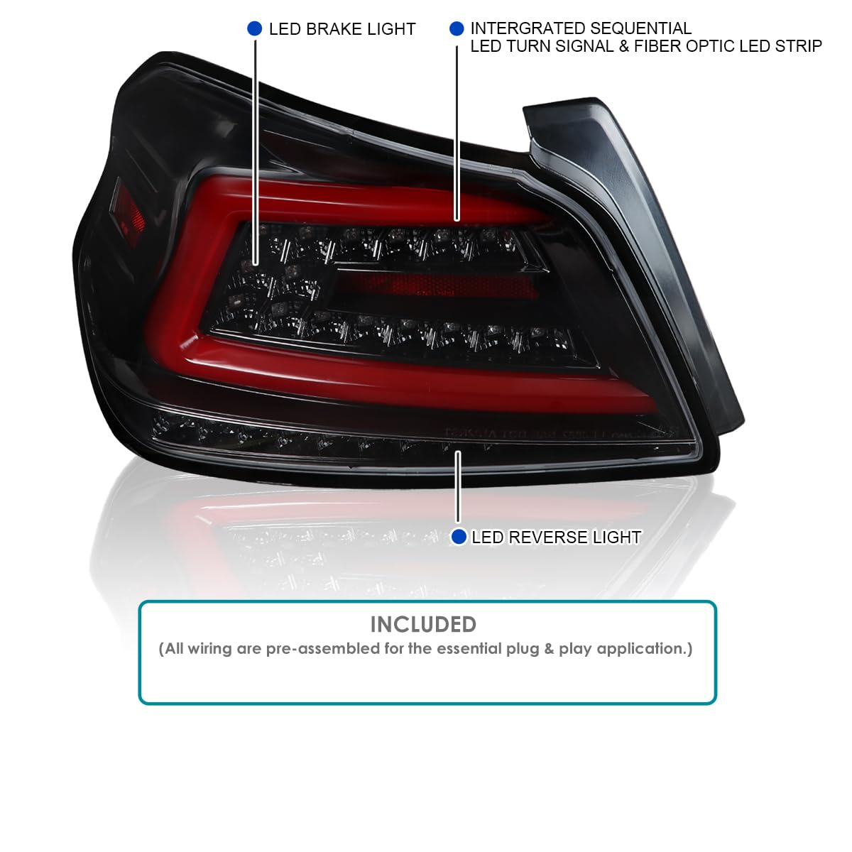 Jet Black LED Tail Lights SPEC-D TUNING w/Red Sequential LED Tube Compatible with 2015-2021 Subaru WRX/WRX STI Left + Right Pair Assembly