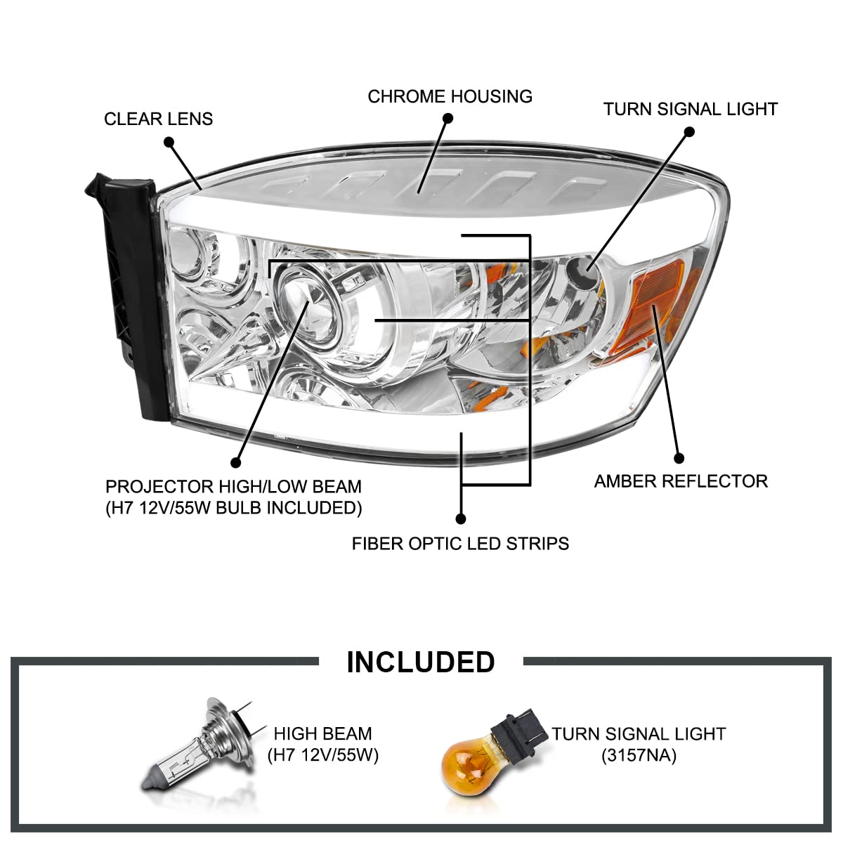 Chrome Housing SPEC-D TUNING Clear Lens LED Tube Projector Headlights Compatible with 2006-2008 Dodge Ram 1500 2500 3500 Left + Right Pair Headlamps Assembly