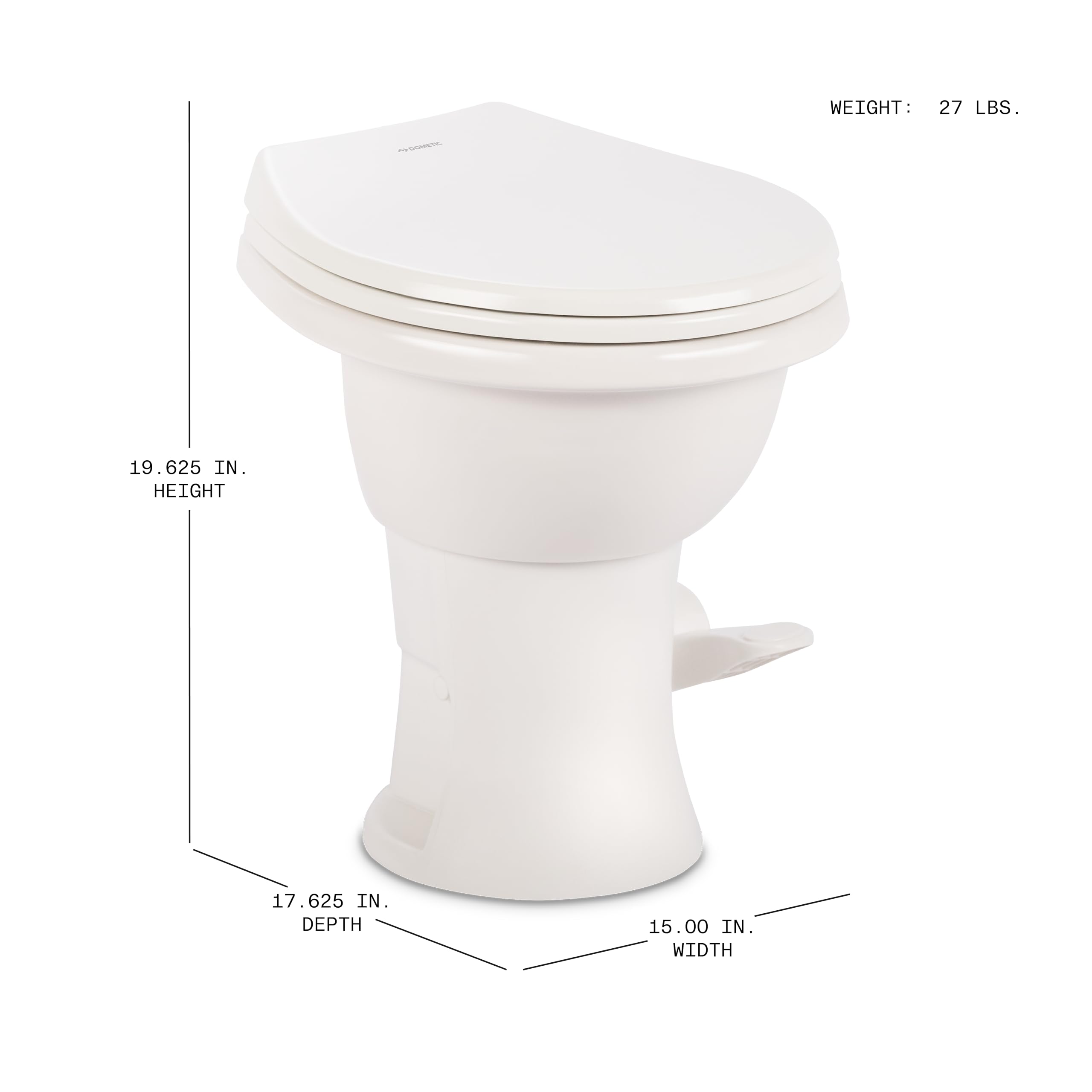 Dometic Complete RV Toilet Model 410 – Round Porcelain Bowl, Universal Fit & 2-Bolt Mount, 18" Chair Height Residential-Style, Gravity Flush Toilet with Soft-Close Seat, White (9610008259)