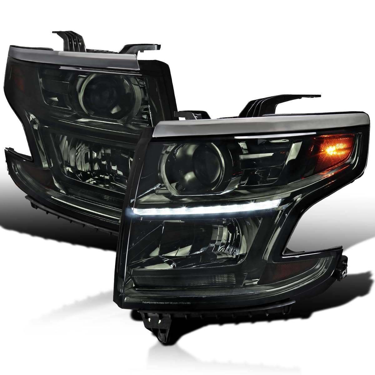 Smoke Projector Headlights SPEC-D TUNING w/LED DRL Strip Compatible with 2015-2020 Chevy Tahoe, Suburban, Left + Right Pair Headlamps Assembly