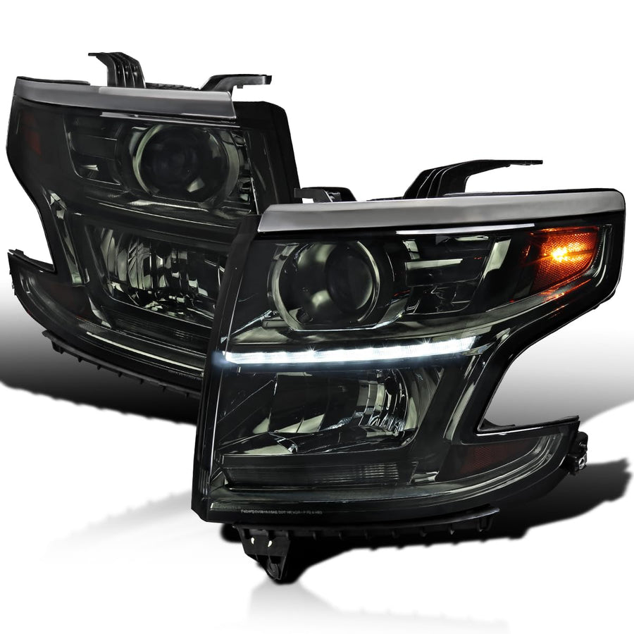 Smoke Projector Headlights SPEC-D TUNING w/LED DRL Strip Compatible with 2015-2020 Chevy Tahoe, Suburban, Left + Right Pair Headlamps Assembly