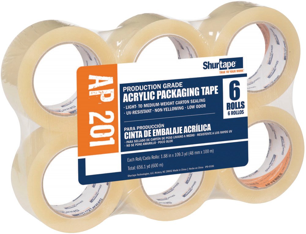 Shurtape AP 201 Shipping and Medium Duty Packaging Tape, Clear, 48mm x 100 Meter Roll, 6-Pack (232518)