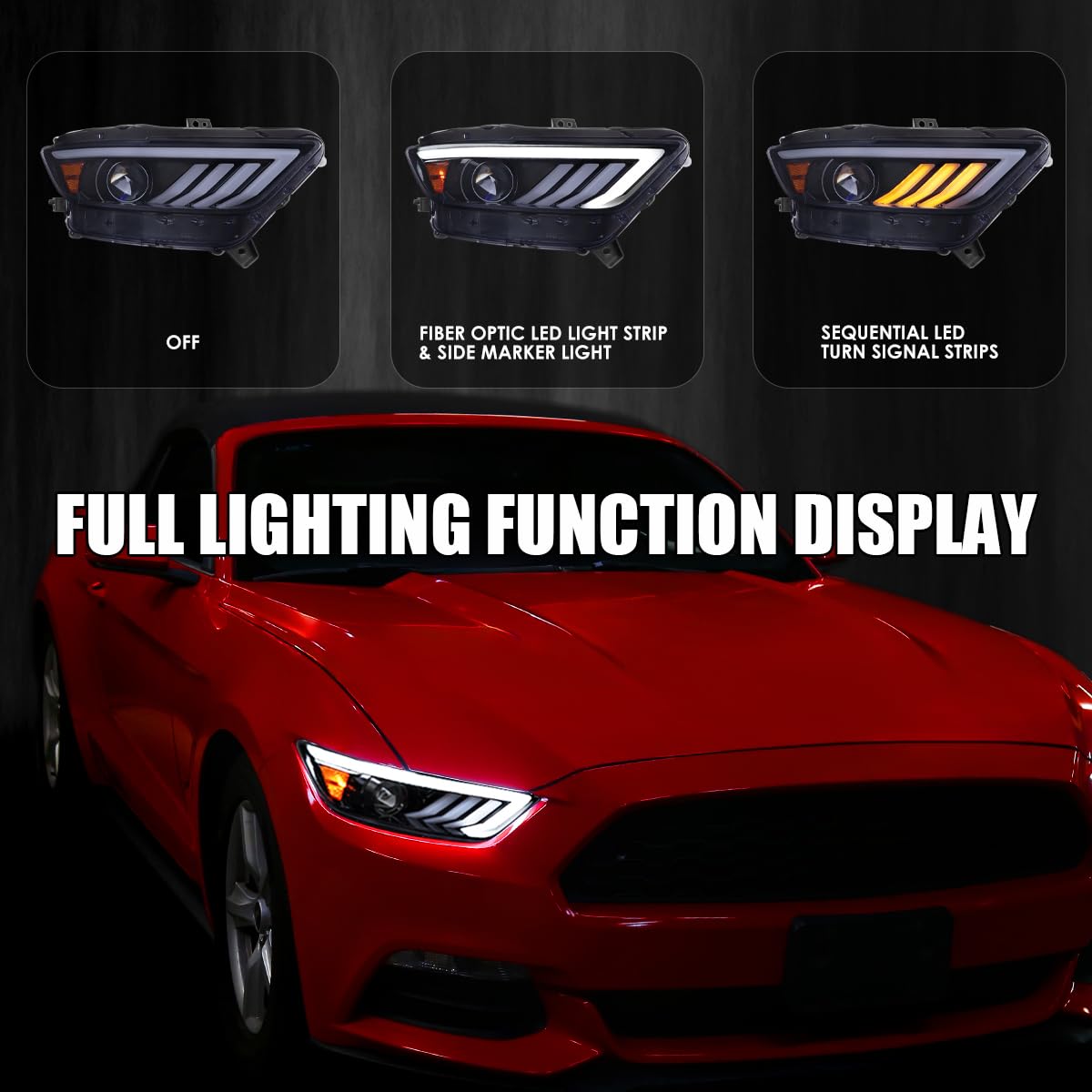 Glossy Black Smoke SPEC-D TUNING Projector Headlights w/Sequential LED Turn Signal Compatible with 2015-2017 Ford Mustang Coupes w/HID/Xenon, Left + Right Headlamp Assembly