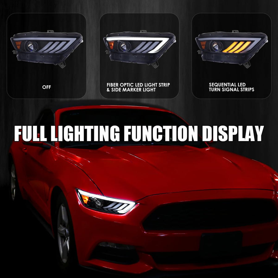 Glossy Black Smoke SPEC-D TUNING Projector Headlights w/Sequential LED Turn Signal Compatible with 2015-2017 Ford Mustang Coupes w/HID/Xenon, Left + Right Headlamp Assembly