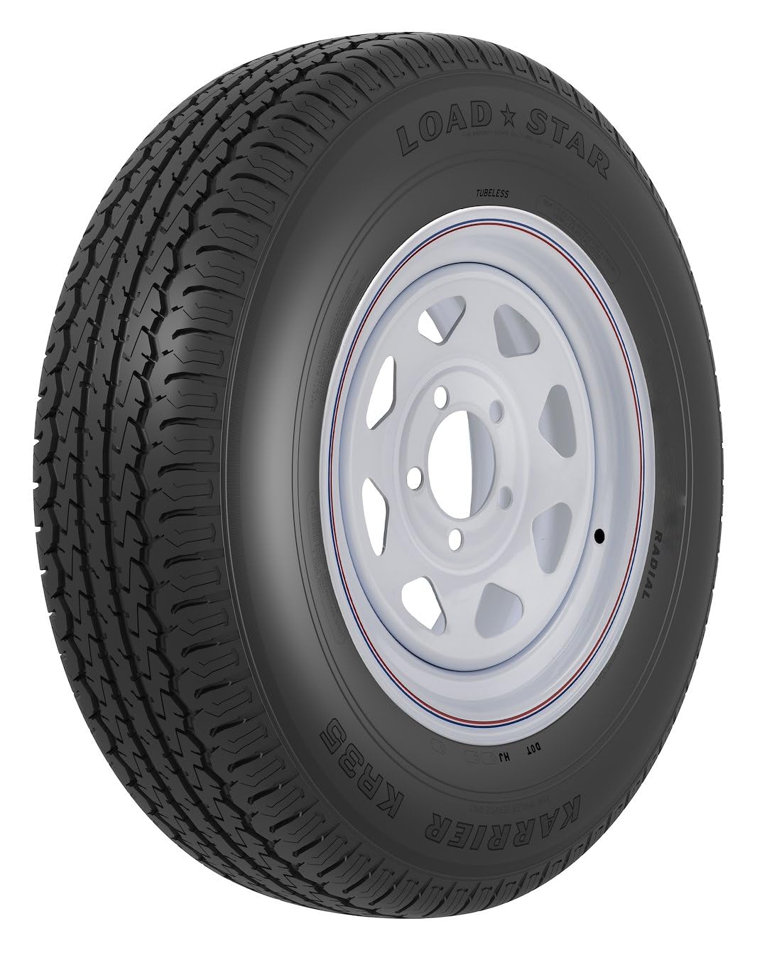 ST205/75R15 AMERICANA 31138 C/5H-5.0 SPK WH/ST, 15 Inch Diameter x 5 Inch Width; 5 x 127 Millimeter/ 5 x 5.00 Inch Bolt Pattern; 8 Spoke; 2 Piece Welded Steel Construction; White With Stripes; ST205 x 75R15; 1 Year Worry-Free Warranty; Trai