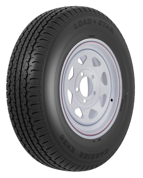 ST205/75R15 AMERICANA 31138 C/5H-5.0 SPK WH/ST, 15 Inch Diameter x 5 Inch Width; 5 x 127 Millimeter/ 5 x 5.00 Inch Bolt Pattern; 8 Spoke; 2 Piece Welded Steel Construction; White With Stripes; ST205 x 75R15; 1 Year Worry-Free Warranty; Trai
