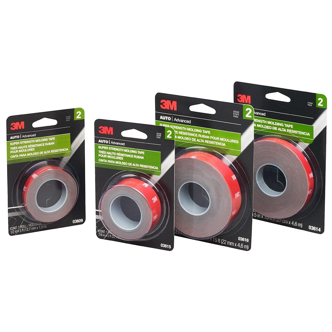 3M Molding Tape Super-Strength, 1/2 in x 15 ft, High Strength Double-Sided Adhesive, Permanently Attaches Side Moldings, Trim and Emblems to Interior and Exterior of Vehicles (03614)