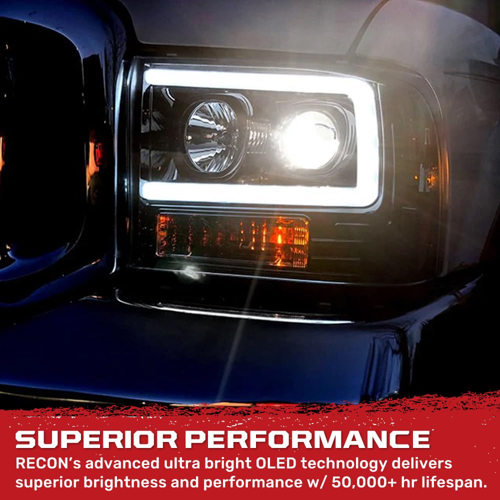 RECON - Projector Headlights Fits 1999-2004 Super Duty (F250 F350 F450 F550) OLED Halos DRL - Smoked Lens (264192BKC)