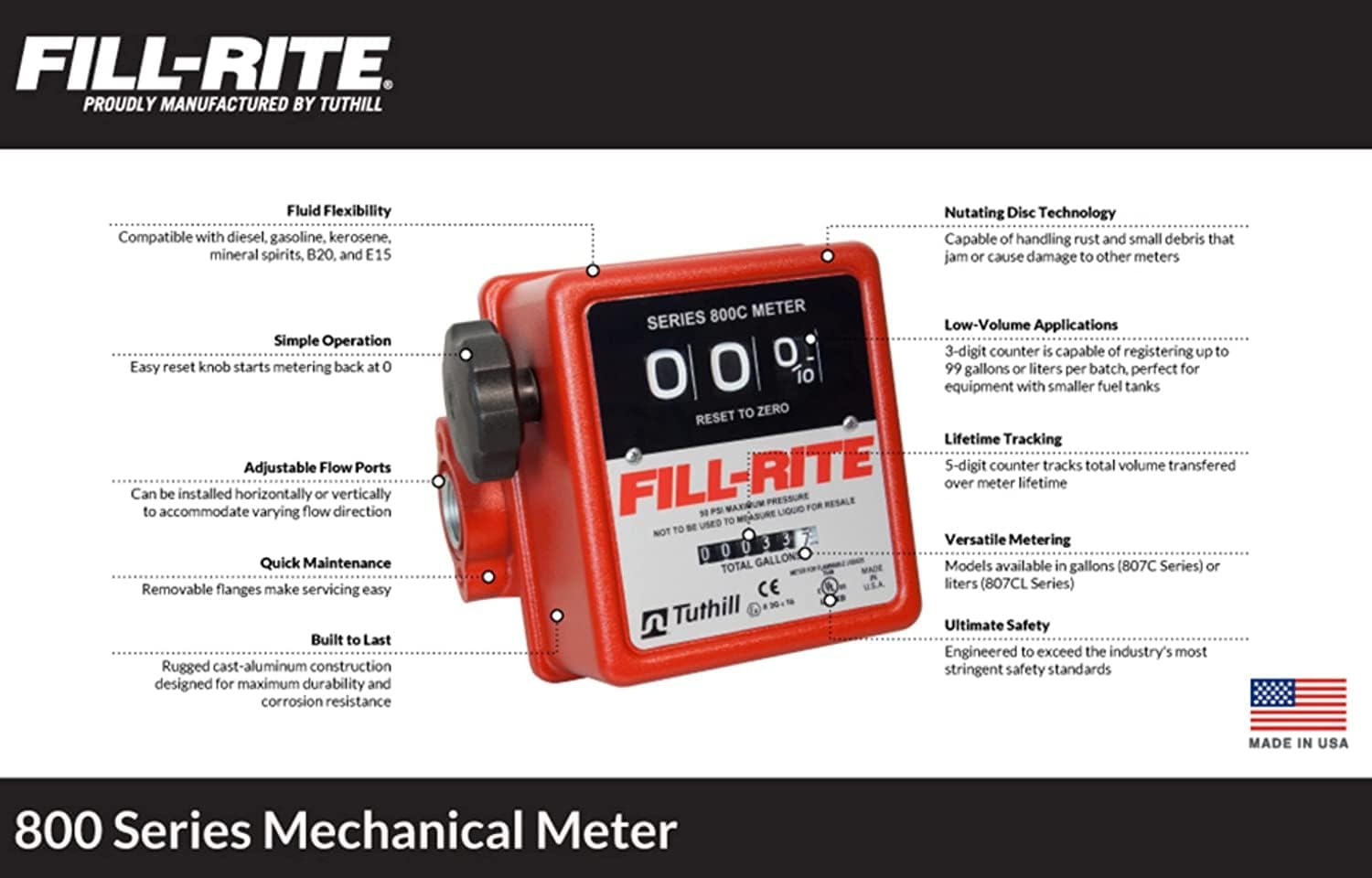 Fill-Rite 1" 807CLN1 19 - 76 LPM Mechanical Meter, Nickel-Plated for Use With Biofuels, Fuel Transfer Liter Meter