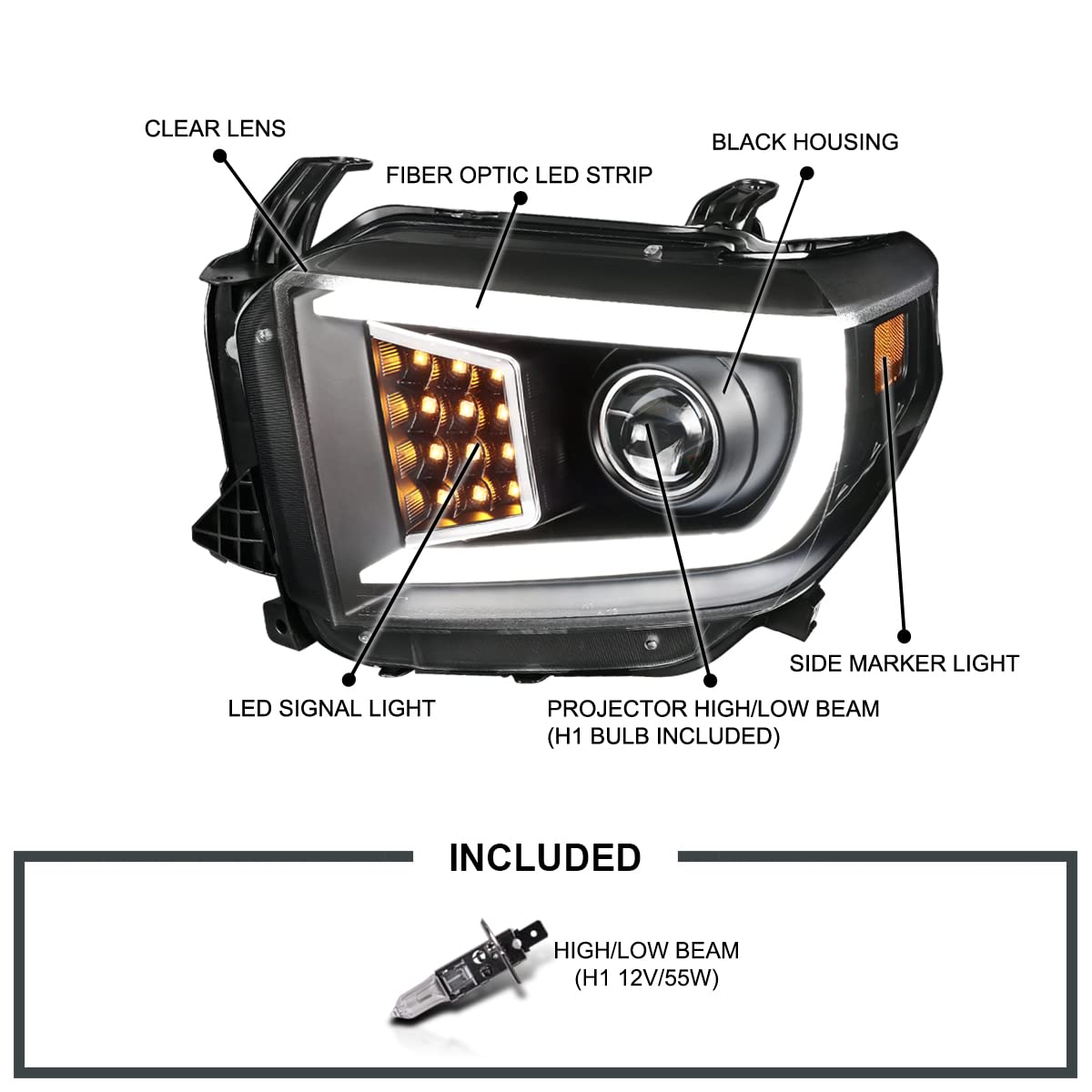 Matte Black SPEC-D TUNING Projector Headlights w/LED Light Bar Compatible with 2014-2021 Toyota Tundra, Left + Right Pair Headlamps Assembly