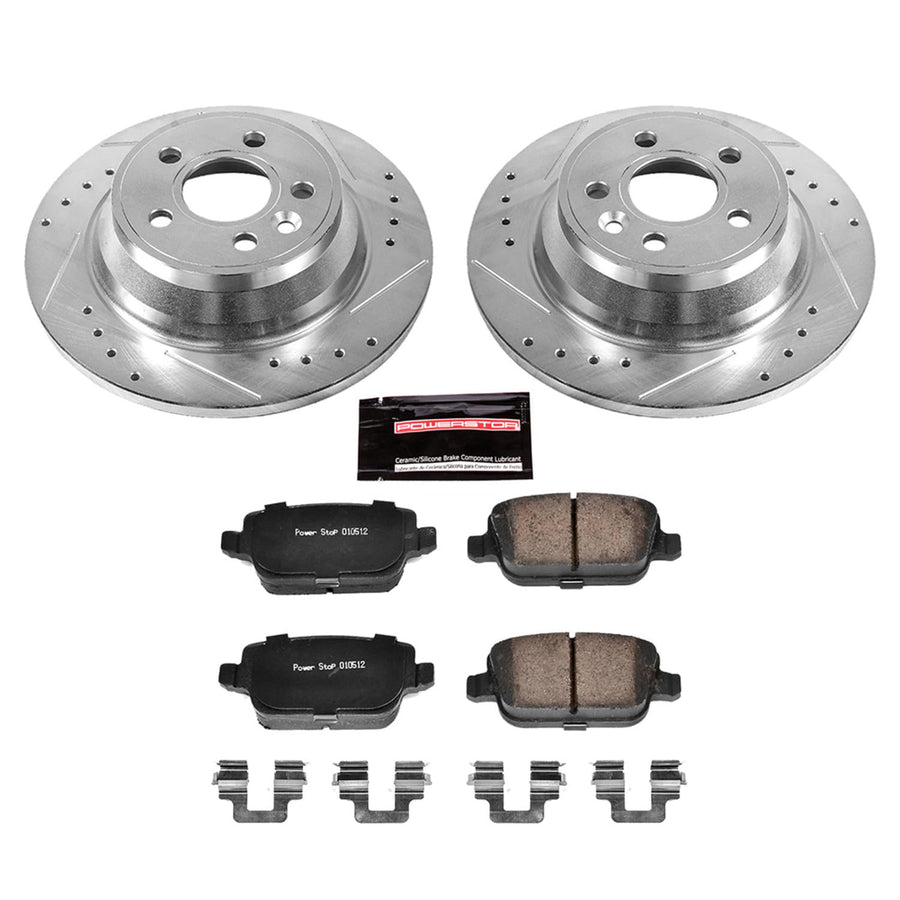 Power Stop K5341 Rear Brake Pads Z23 Carbon Fiber with Drilled & Slotted Brake Rotors Kit For Volvo S80 2007-2008 [Model Specific]