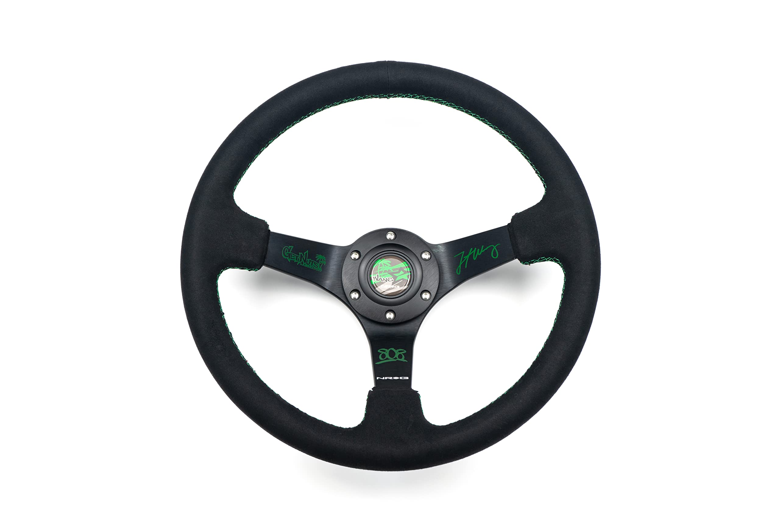 NRG Innovations Reinforced Sport Steering Wheel NRG-RST-036MB-S-FW-1 3" Deep, 5mm Matte Black Spoke, 350mm, Black Alcantara with Green Regular Stitching
