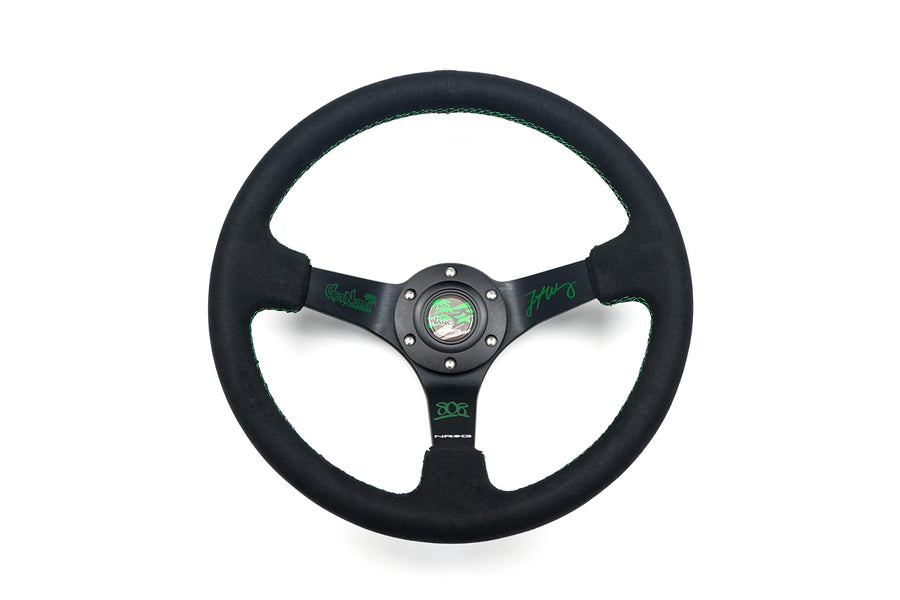 NRG Innovations Reinforced Sport Steering Wheel NRG-RST-036MB-S-FW-1 3" Deep, 5mm Matte Black Spoke, 350mm, Black Alcantara with Green Regular Stitching