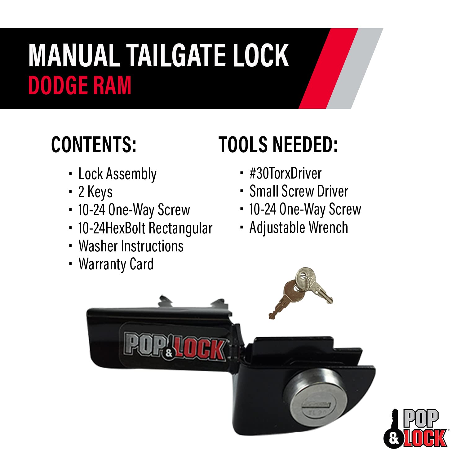 Manual Tailgate Lock – Pop & Lock for Dodge Ram 1500, 2500, and 3500, Fits 1994 to 2001 (Black, PL3300, Works with No Factory Lock)