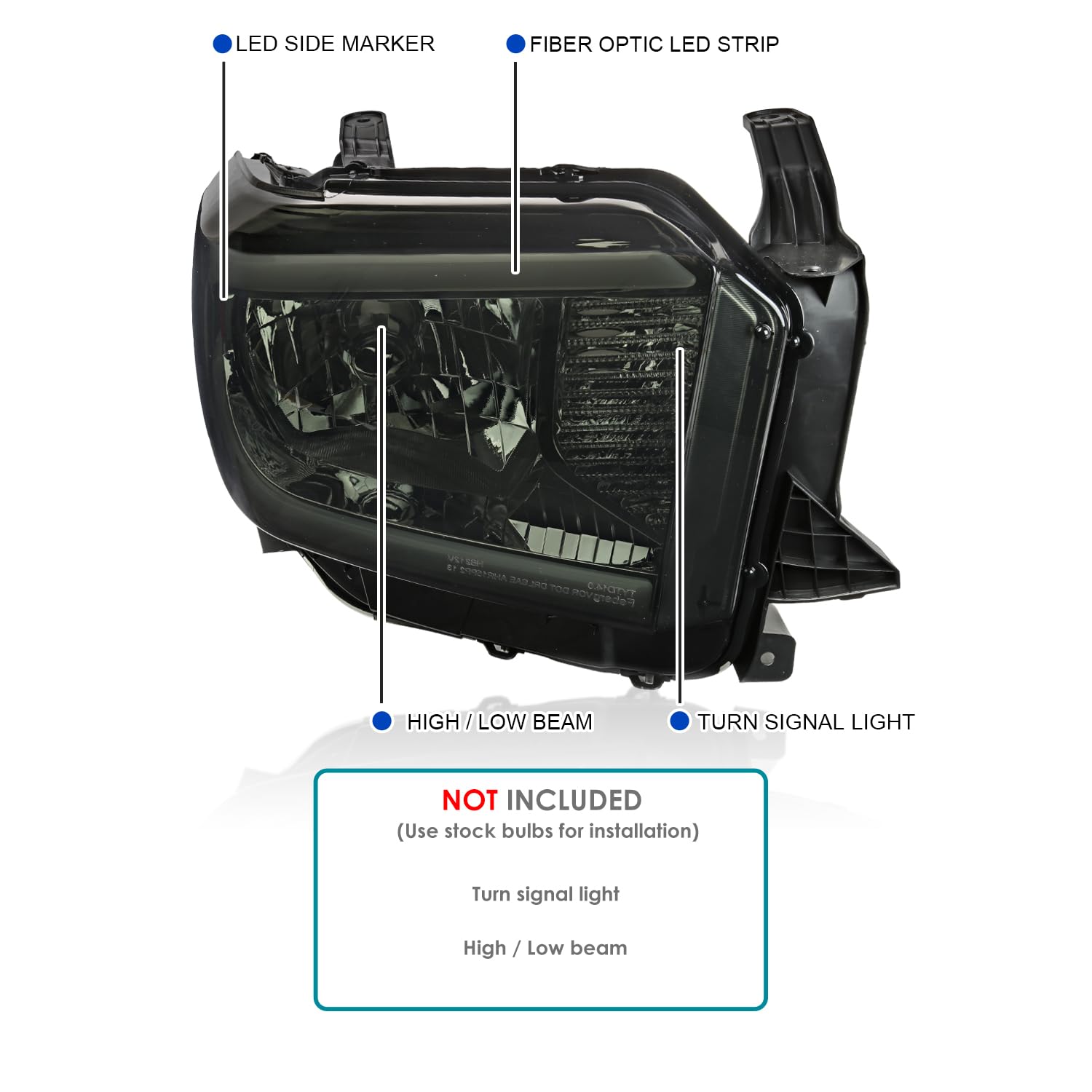 Smoke Spec-D Tuning Headlights w/LED Tube Compatible with 2014-2021 Toyota Tundra, Left + Right Pair Headlamp Assembly