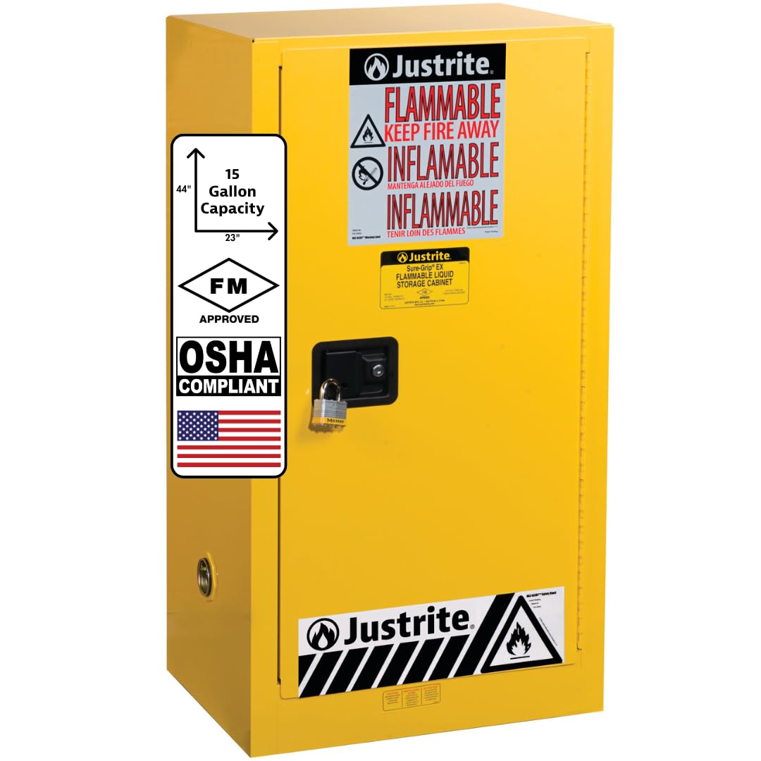 Justrite 15 Gallon Flammable Storage Cabinet Self Close Countertop, 18 Gauge Steel, 1 Shelf, 1 Door Fire Cabinet, 44" x 23" x 18", Made in The USA, Yellow, 891520