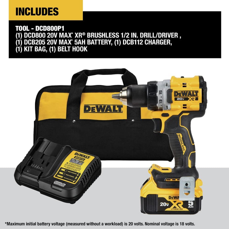 20V MAX* DEWALT XR® Brushless Cordless 1/2 in. Drill/Driver Kit (DCD800P1), Yellow