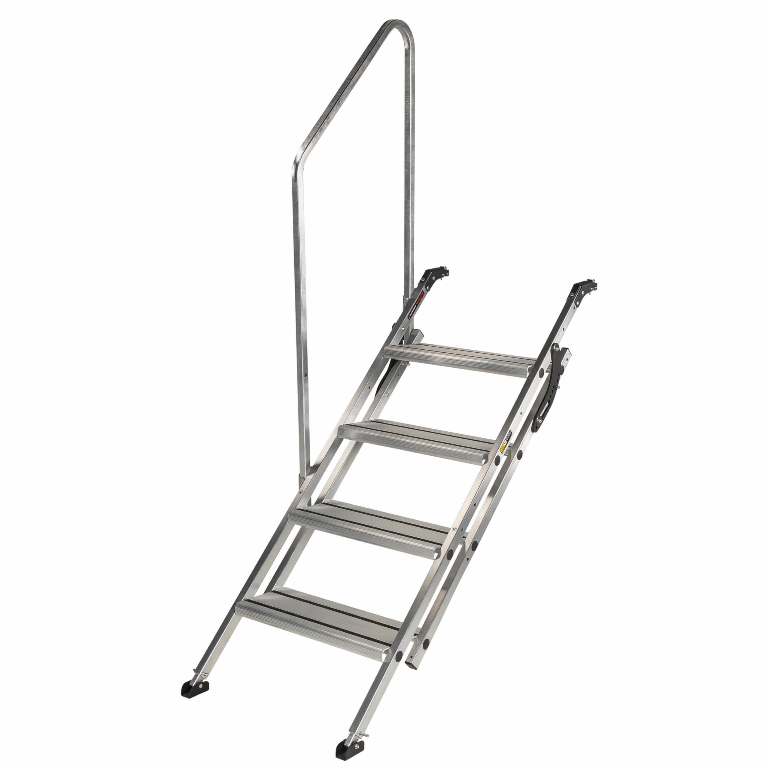 Lippert Quad Victory Step RV Steps for Toy Hauler Patio Systems with Entry Assist Handrail, 300-lb. Weight Capacity, 8" Rise, Anti-Slip Treads, Adjust Legs/Step Pitch, Easy Storage - 2023024501