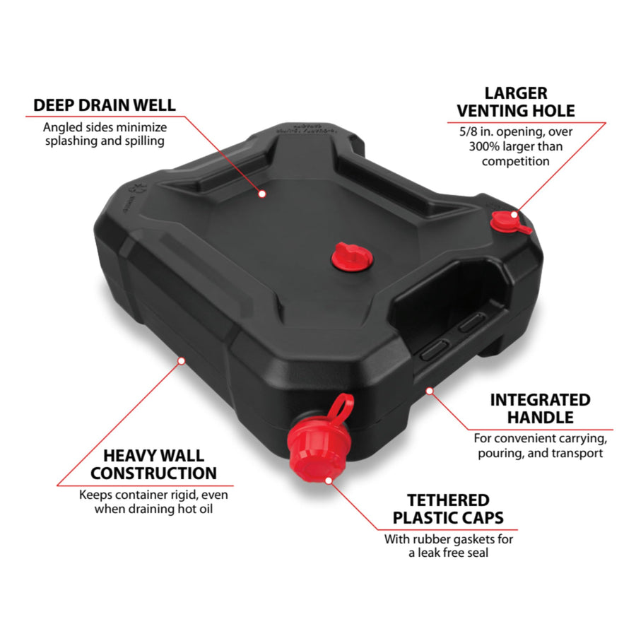 10-Quart Performance Tool W4076 Oil Drain Container, Deep Drain Well, Integrated Handle, Sealing Rubber Gaskets, Black