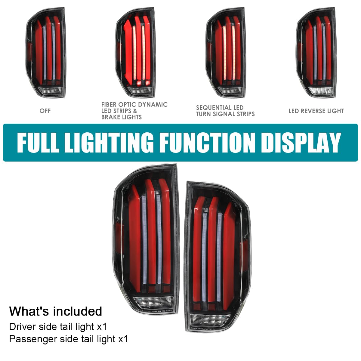 Full LED Strip Tail Lights SPEC-D TUNING w/Red Sequential LED Light Bars and Startup Animation Compatible with 2014-2021 Toyota Tundra, Left + Right Pair Assembly