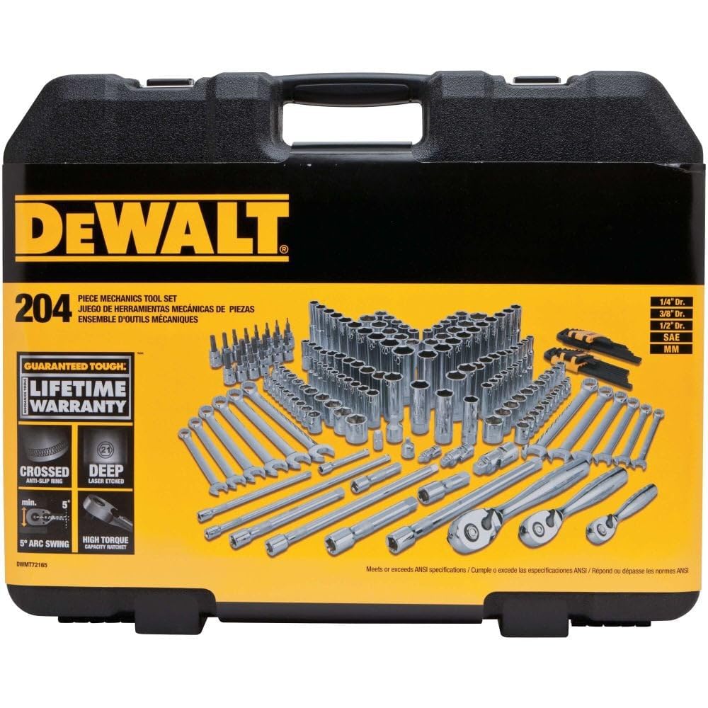 DEWALT Tools Mechanics Kit and Socket Set, 204-Piece Dewalt Tool Set , 1/4" & 3/8" & 1/2" Drive, Metric/ SAE Deep and Shallow Sockets, 3/8" Hex Bits, Torx Bits, Spark Plugs, Wrenches (DWMT72165)