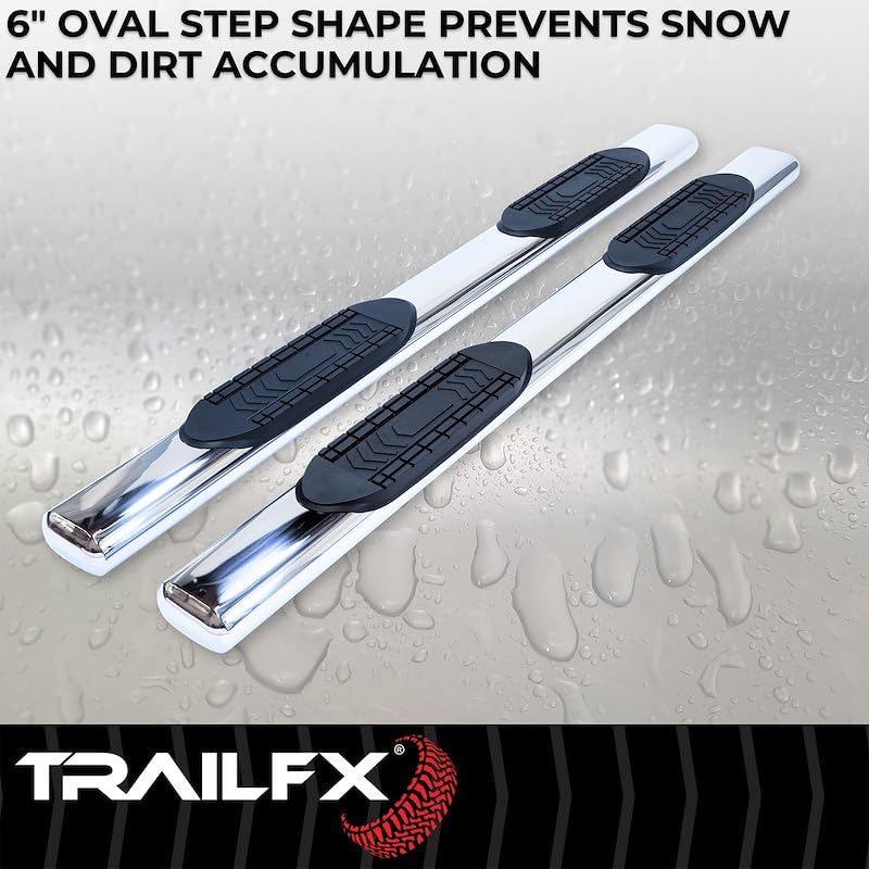 TrailFX A8221S Fits Chevrolet Silverado 1500 Crew Cab 2007-2018 Oval 6 Inch Side Bars with Step Pads, Polished Stainless Steel, Welded End Caps, Rocker Panel Mount