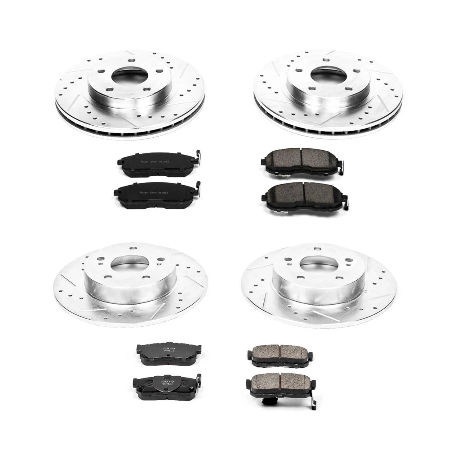 Power Stop K2704 Z23 Carbon Fiber Brake Pads Front and Rear with Drilled & Slotted Brake Rotors Kit For Nissan Maxima 1999-2001 [Model Specific]