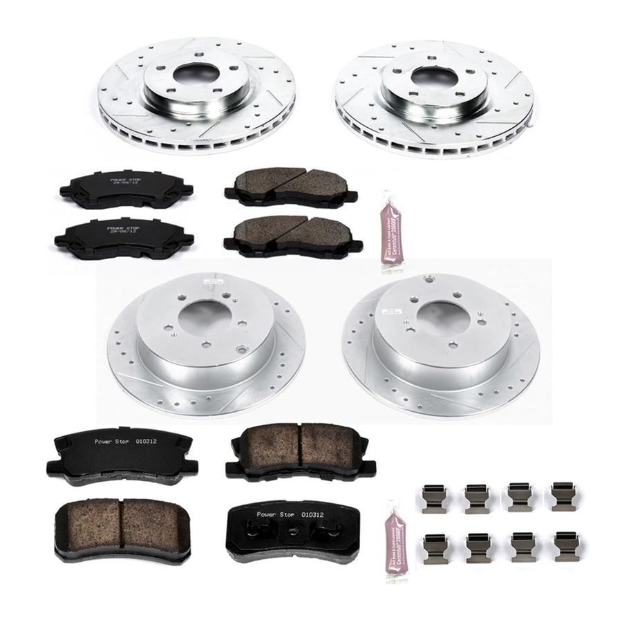 Power Stop K5477 Z23 Carbon Fiber Brake Pads Front and Rear with Drilled & Slotted Brake Rotors Kit For Mitsubishi Outlander 2007-2013 [Model Specific]