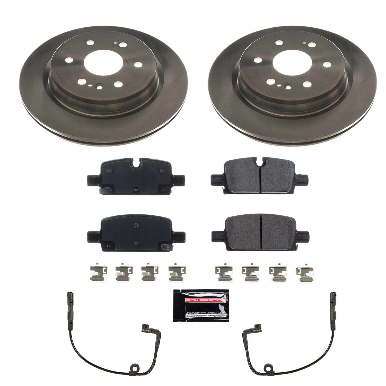 Power Stop KOE8173 Rear Replacement Brake Kit-OE Brake Rotors & Ceramic Brake Pads and 2 Rear Sensor Wires