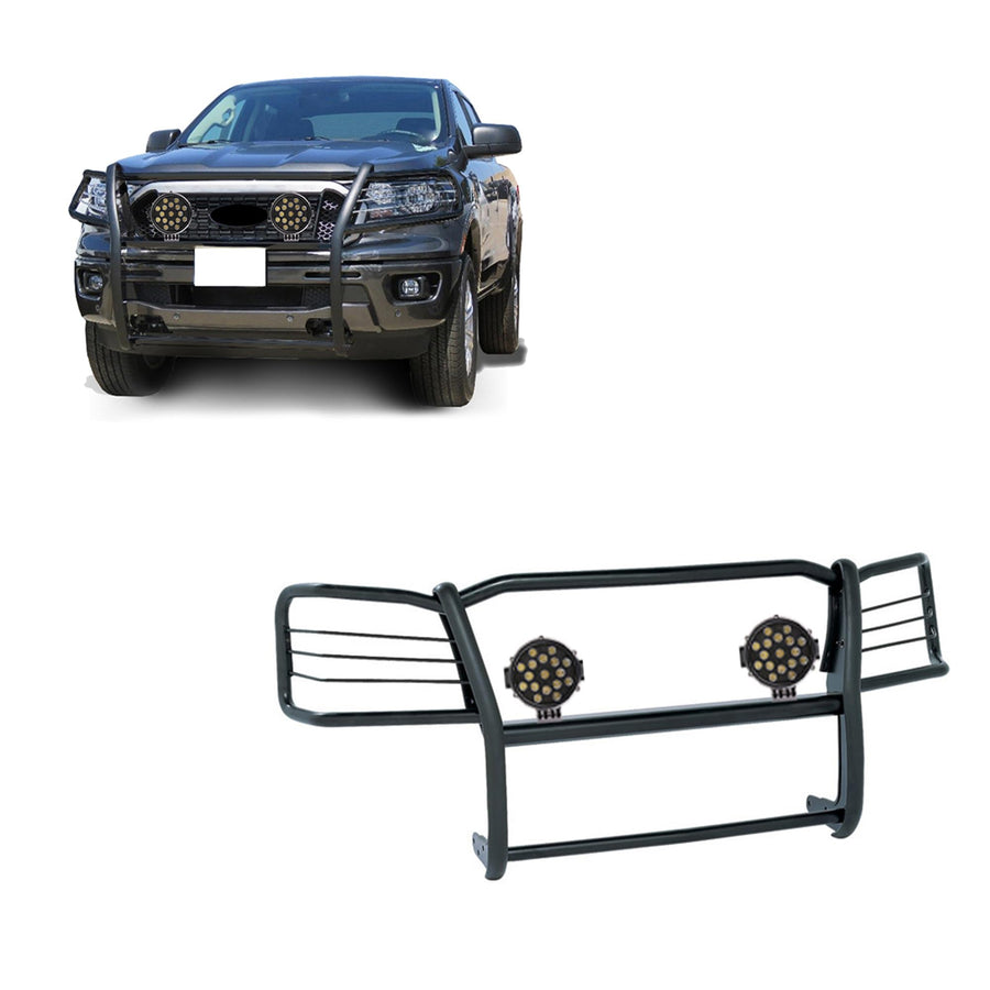 Bumper Guard Black Horse Grille Brush Modular Black Come with Pair of 7.0" Dia.LED Lights with Black Trim Rings Compatible with 2019-2023 Ford Ranger-17FP10MA-PLB