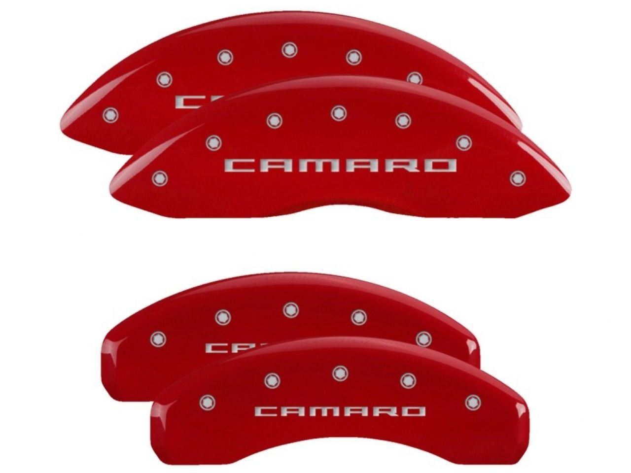 Caliper Covers MGP 14036SCA5RD (Red Powder Coat Finish, Engraved Front and Rear: Gen 5/6 Camaro, Silver Characters, Set of 4)
