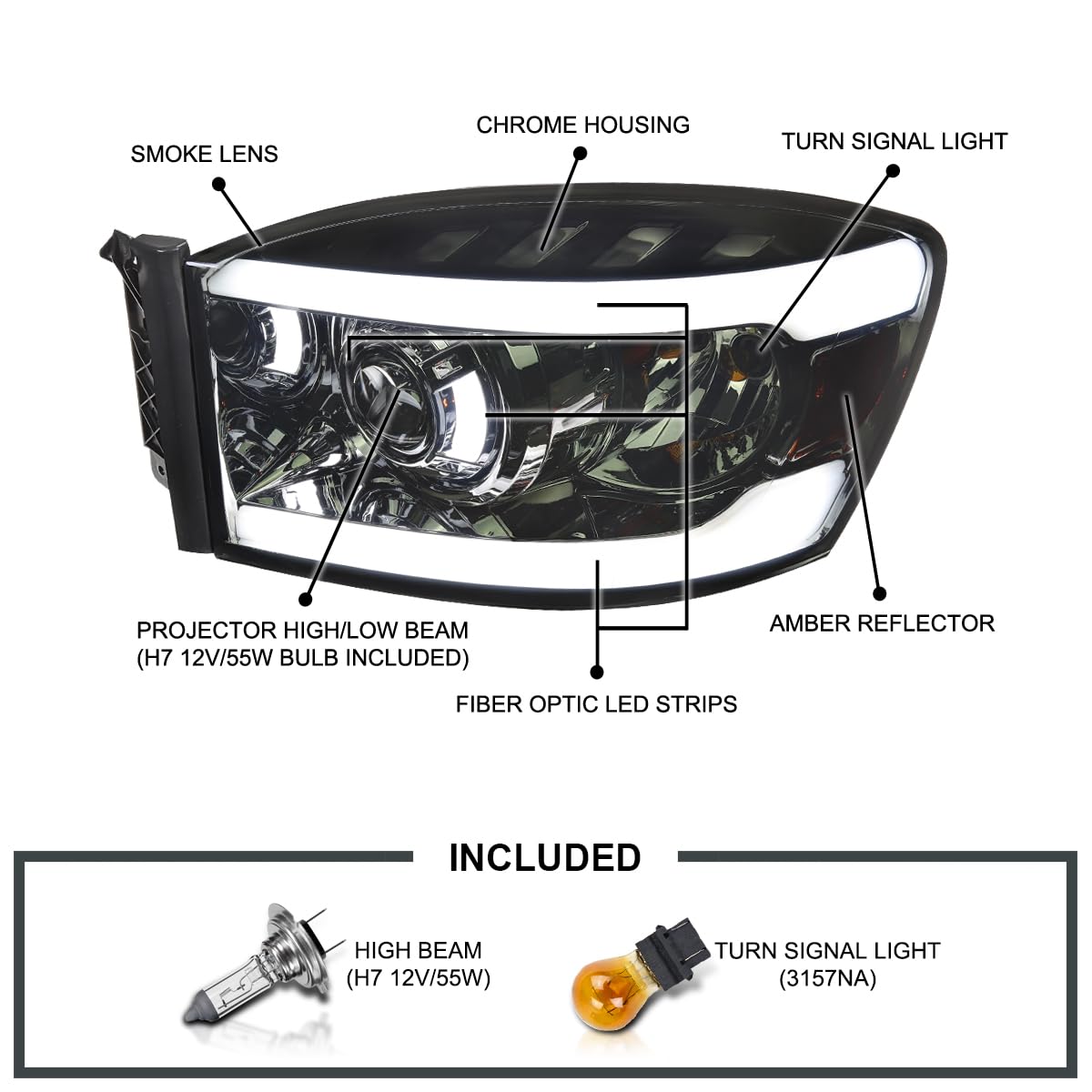 Smoke LED Tube Projector Headlights SPEC-D TUNING Compatible with 2006-2008 Dodge Ram 1500 2500 3500, Left + Right Pair Headlamps Assembly