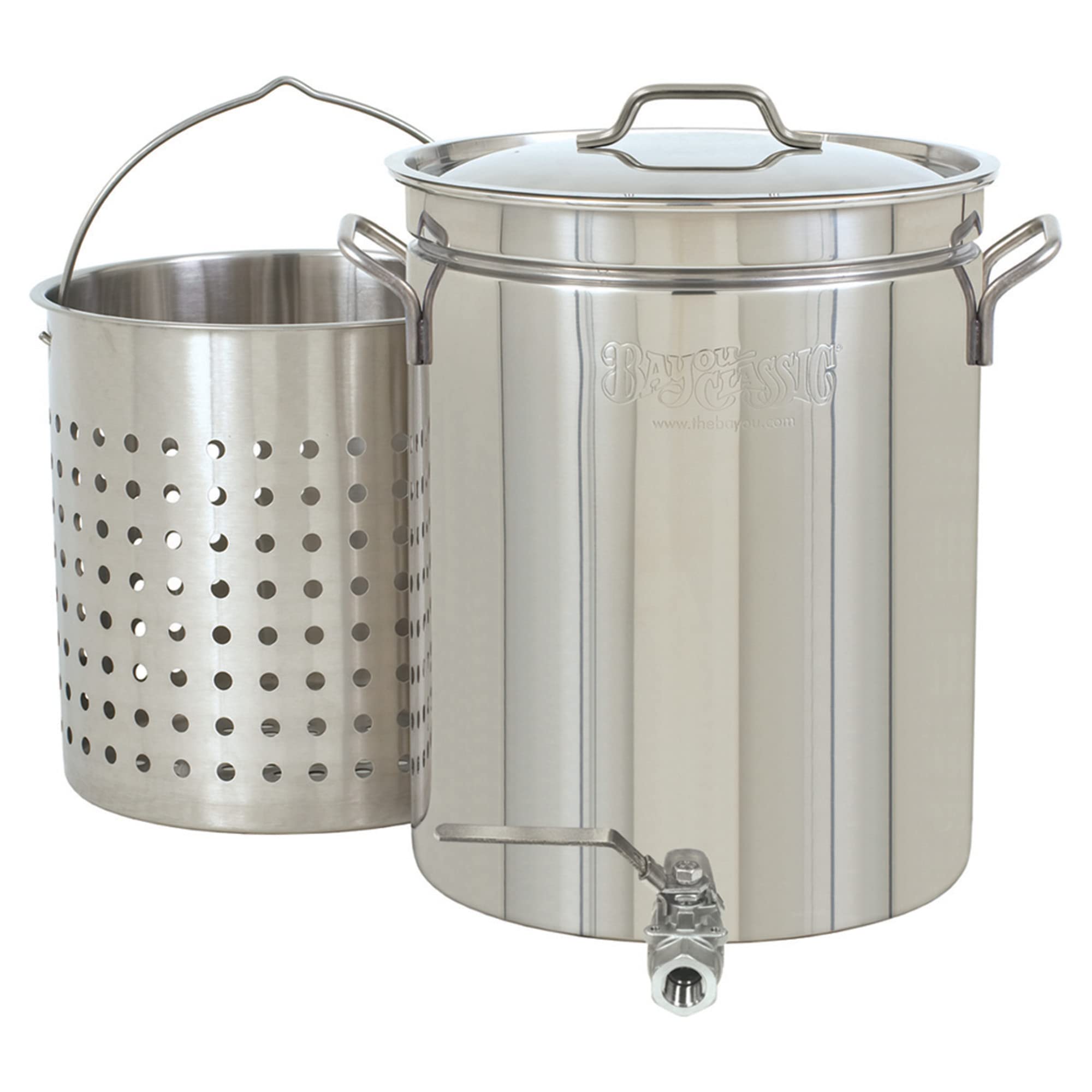10-Gallon Bayou Classic Stainless Steam Boil Stockpot with Spigot Basket and Vented Lid