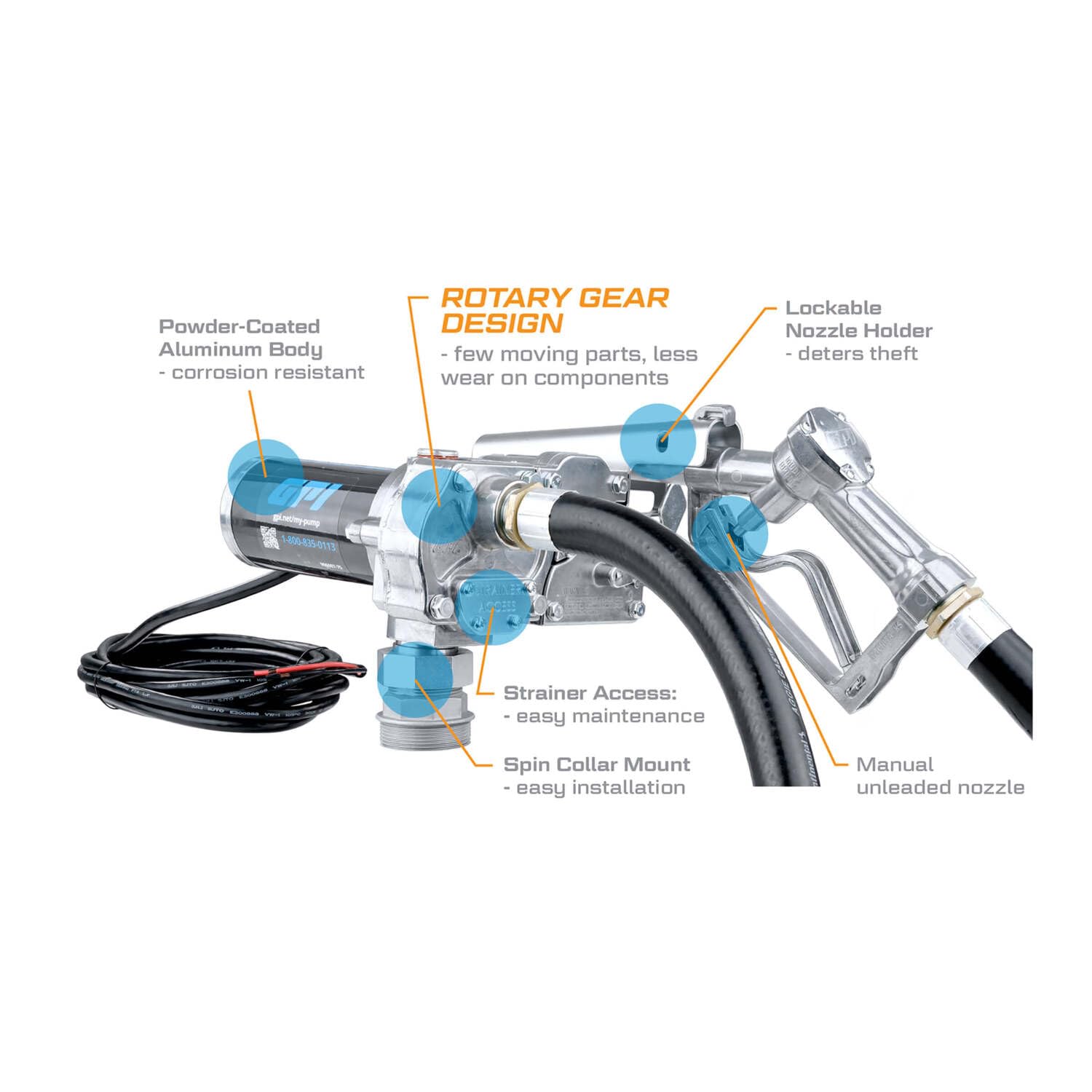 M-180 Series GPI Fuel Transfer Pump, Manual Shut-off Nozzle, 18 GPM, 12 Volt (110300-1)