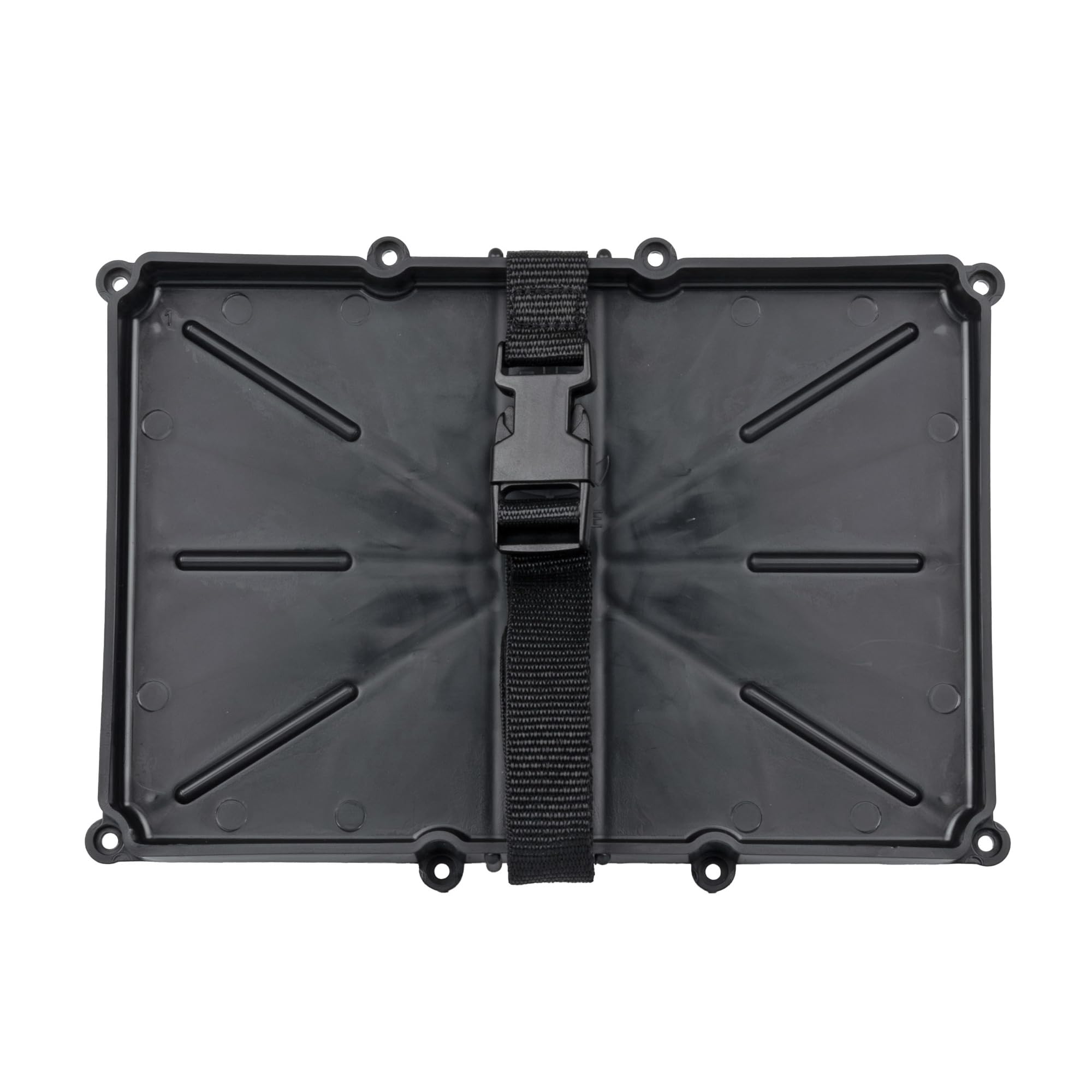 Narrow Battery Tray Holder T-H Marine with Poly Strap – Space Saving NMMA Certified Battery Tray with Recessed Mounting Wells for Marine, RV, and Trolling Motor Installations – Group 24, 10-5/8" x 7"