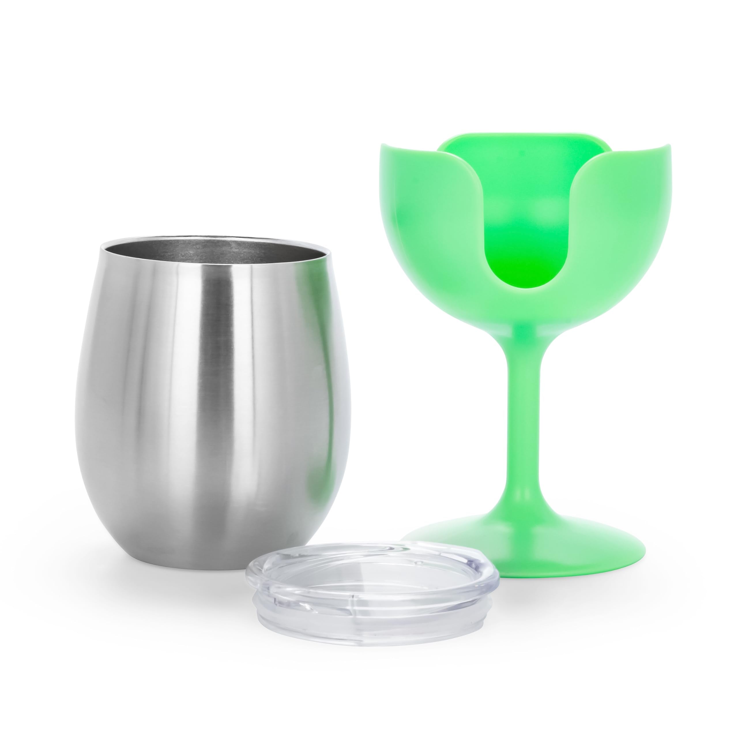 Camco Wine Tumbler Life is Better at The Campsite | Heavy Duty Double Wall Vacuum Insulation | Crafted of 18/8 Stainless Steel | Features Removable Green & Yellow Stems | 2-Pk, 8-oz/Each (51916)
