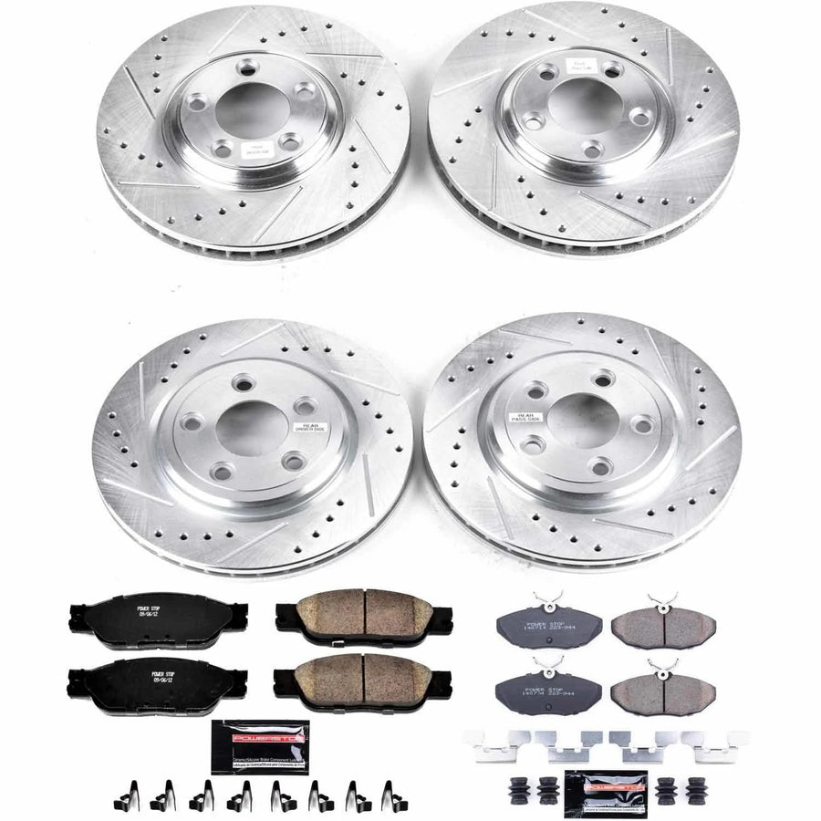 Power Stop K1355 Z23 Carbon Fiber Brake Pads Front and Rear with Drilled & Slotted Brake Rotors Kit For Jaguar S-Type 2003-2004 [Model Specific]