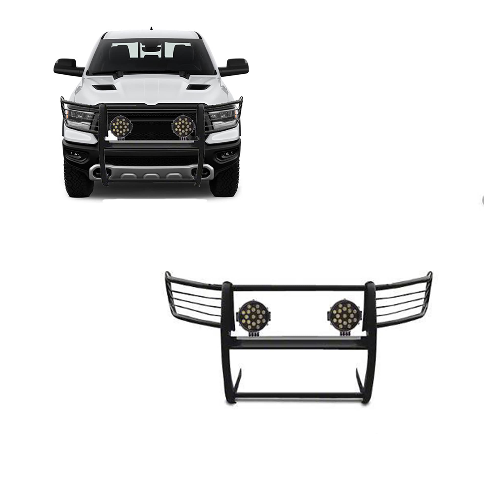 Grille Black Horse Brush Bumper Guard Modular Come with Pair of 7.0" Dia.LED Lights with Black Trim Rings Compatible with 2019-2024 Ram 1500-17DG111MA-PLB