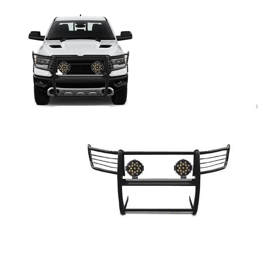Grille Black Horse Brush Bumper Guard Modular Come with Pair of 7.0" Dia.LED Lights with Black Trim Rings Compatible with 2019-2024 Ram 1500-17DG111MA-PLB