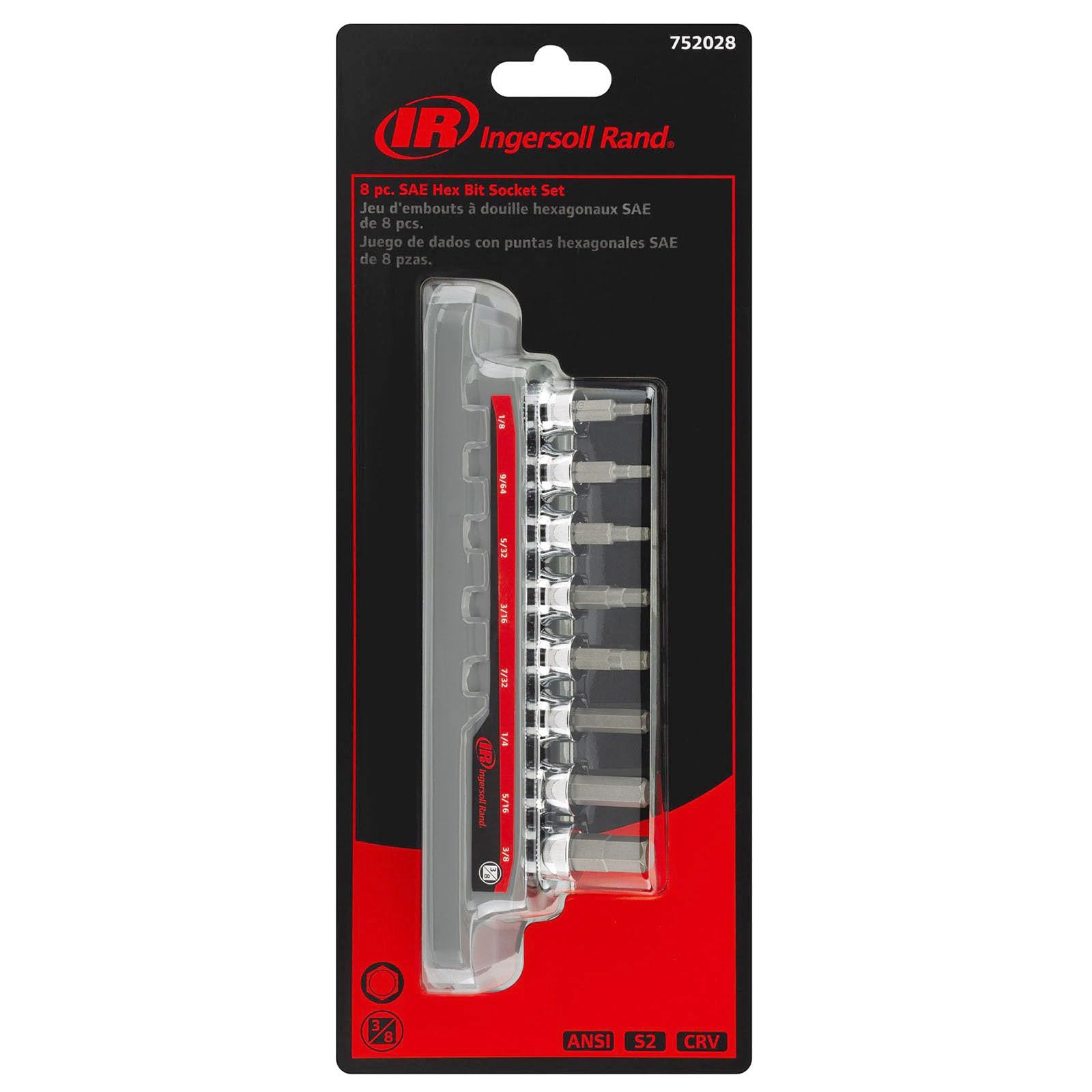 Ingersoll Rand 8-Piece SAE Hex Bit Socket Set 3/8 in. Drive – Sizes 1/8" to 3/8", Industrial-Grade S2 Steel, Mirror-Polished Chrome Vanadium Sockets, Thermoform Tray – 752028