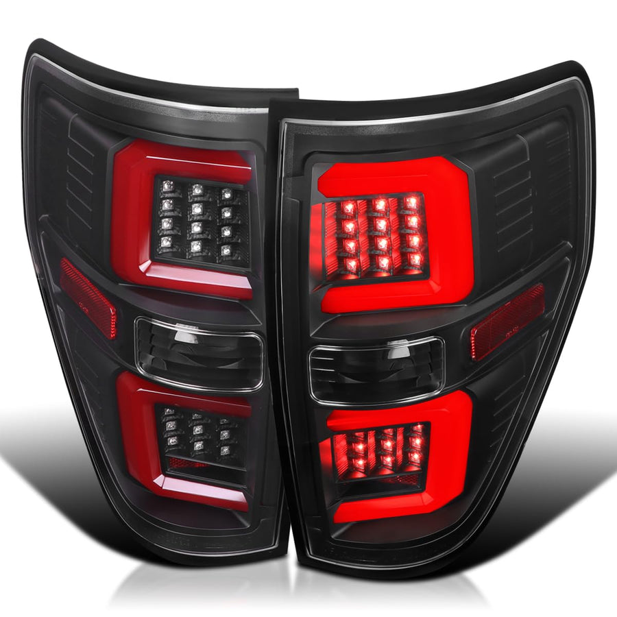 Spec-D Tuning Tail Lights Black w/Red LED Bar Compatible with 2009-2014 Ford F150, Left + Right Pair Assembly