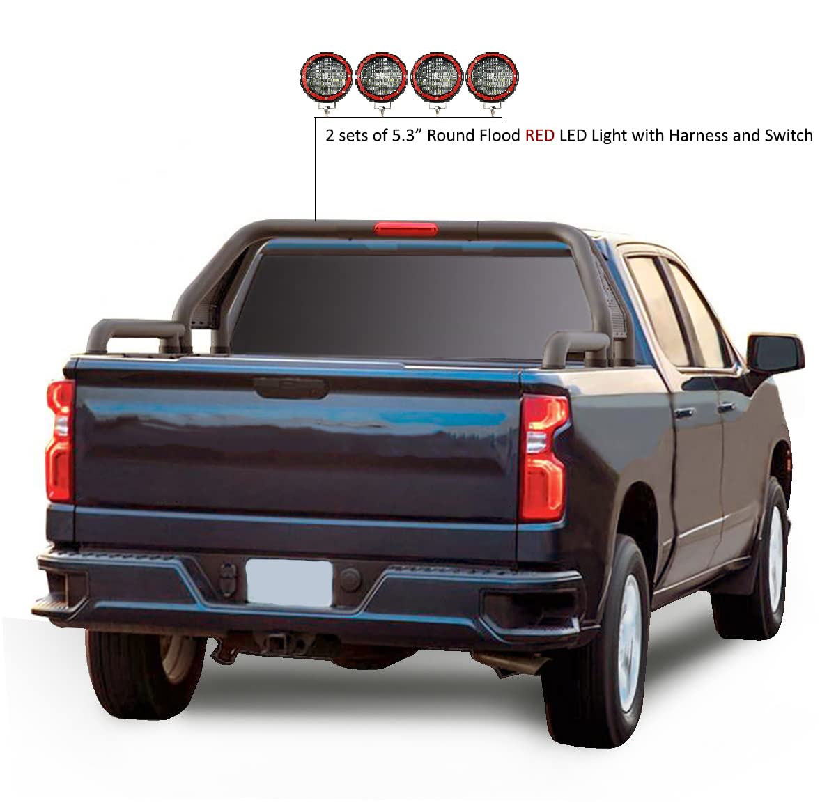 Gladiator Black Horse Roll Bar Incl. Set of 5.3" Dia.Led Lights w/Red Trim Rings Modular Black Compatible with Universal Roll Bar for 1/2 Ton Trucks (GM-Ford-Dodge- Tundra) -GLRB-01B-PLFR