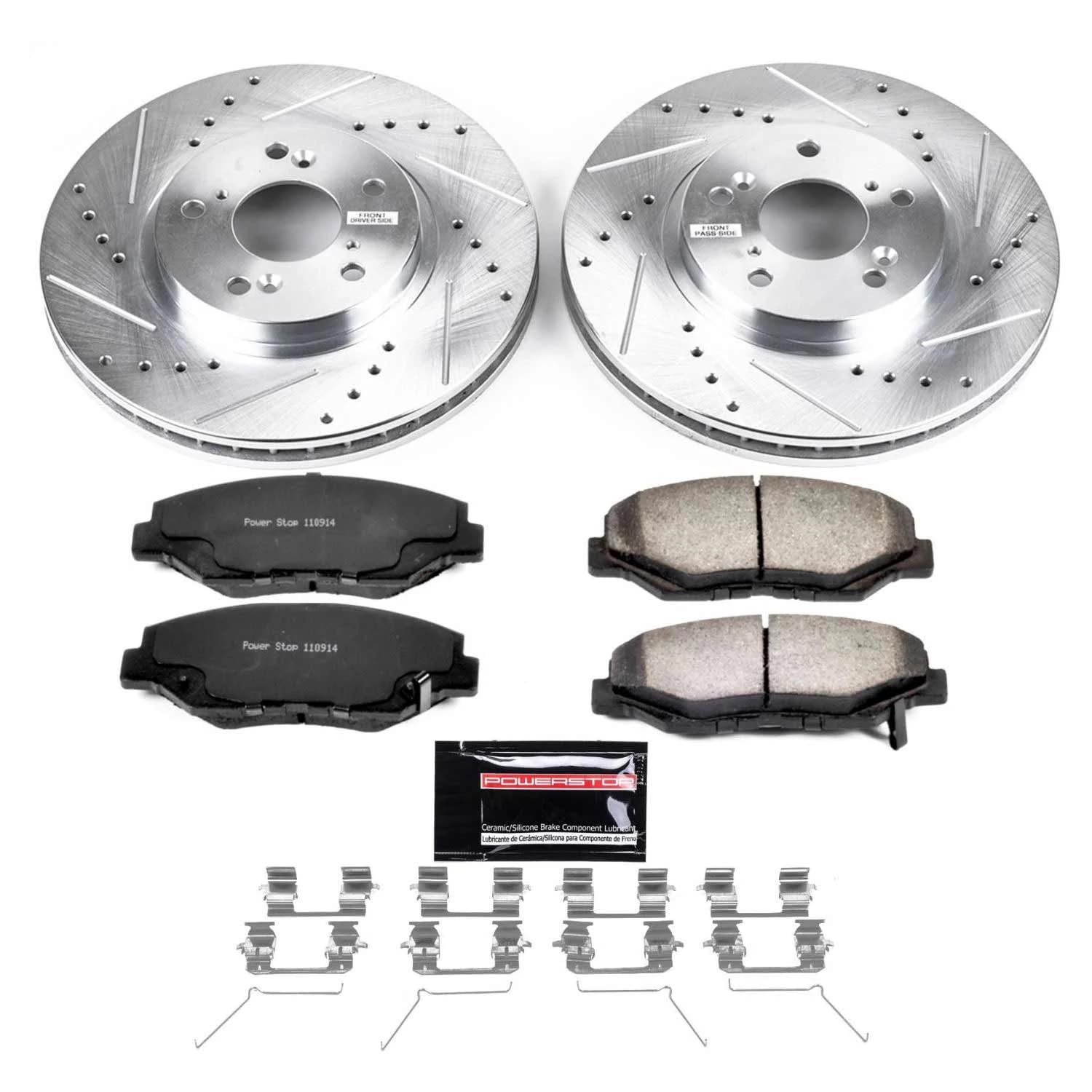 Power Stop Front Brake Kit For 2003 2004 2005 2006 2007 2008 Honda Pilot - Carbon Fiber Ceramic Brake Pads & Truck & Tow Drilled and Slotted Rotors Replacement, K2302-36