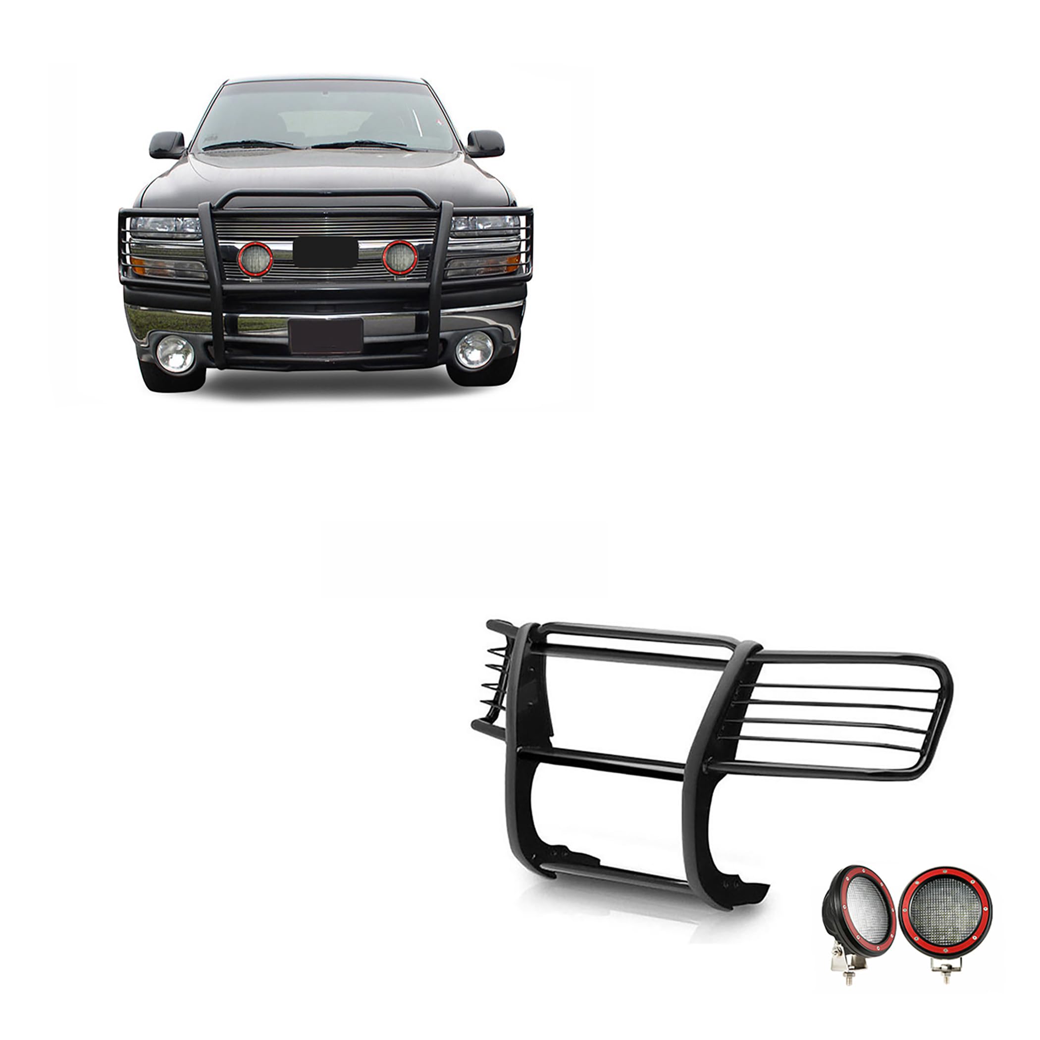 Bumper Guard Black Horse Grille Brush Modular Black Come with Pair of 5.3" LED Lights Compatible with 1999-2002 Silverado 1500|2000-2006 Suburban 1500/Tahoe/Yukon/Yukon XL 1500-17GT23MA-PLFR